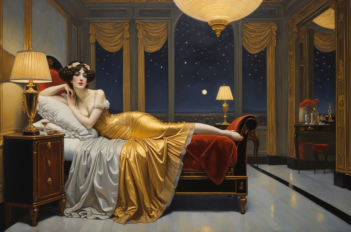 Glamorous Woman in Opulent Bedroom with Starry Sky
