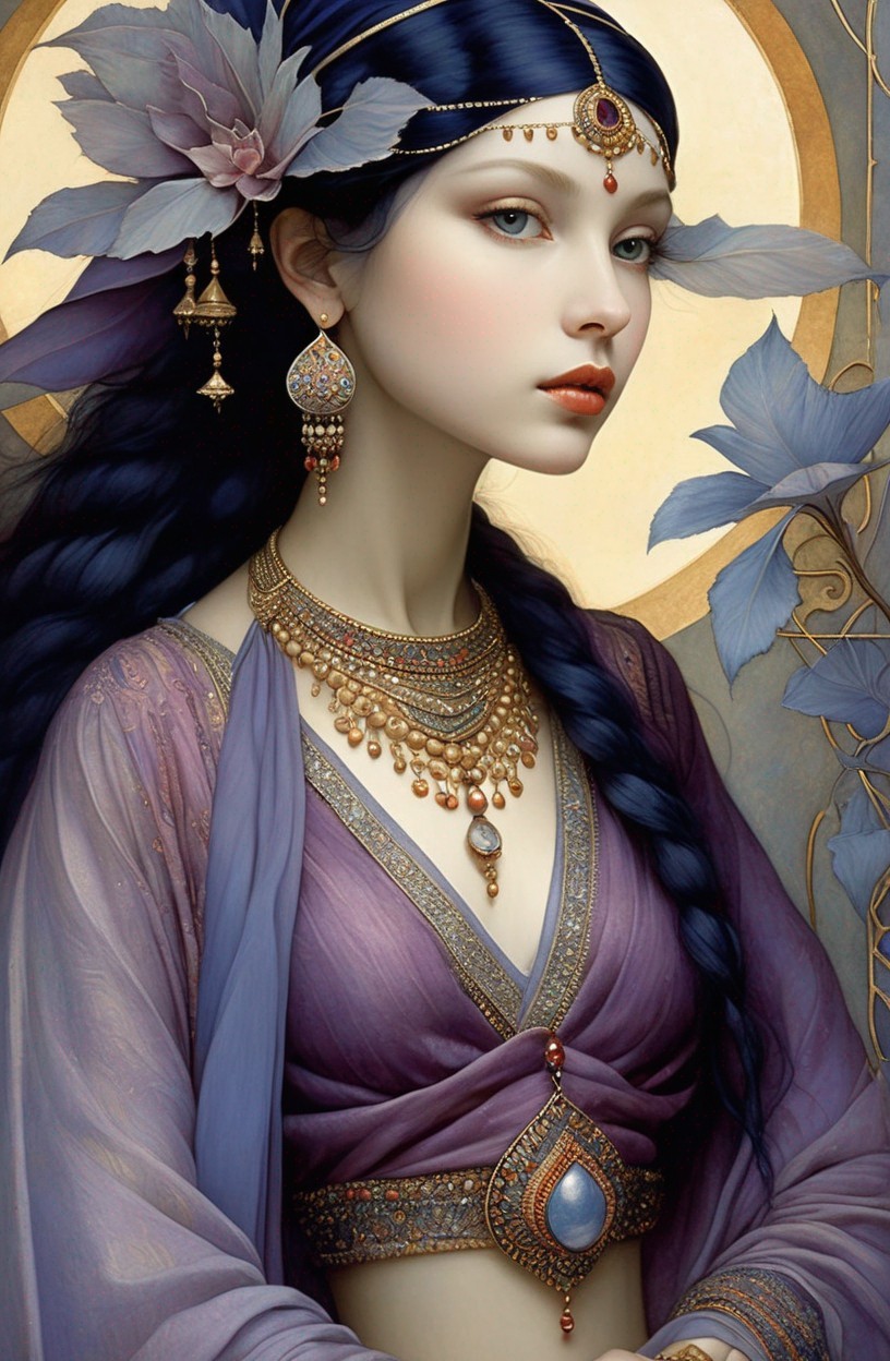 Digital Artwork: Woman with Pale Skin, Blue Headband, Gold Jewelry, Purple Outfit,