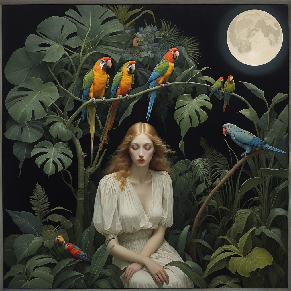 Serene woman in white dress with vibrant parrots and moon