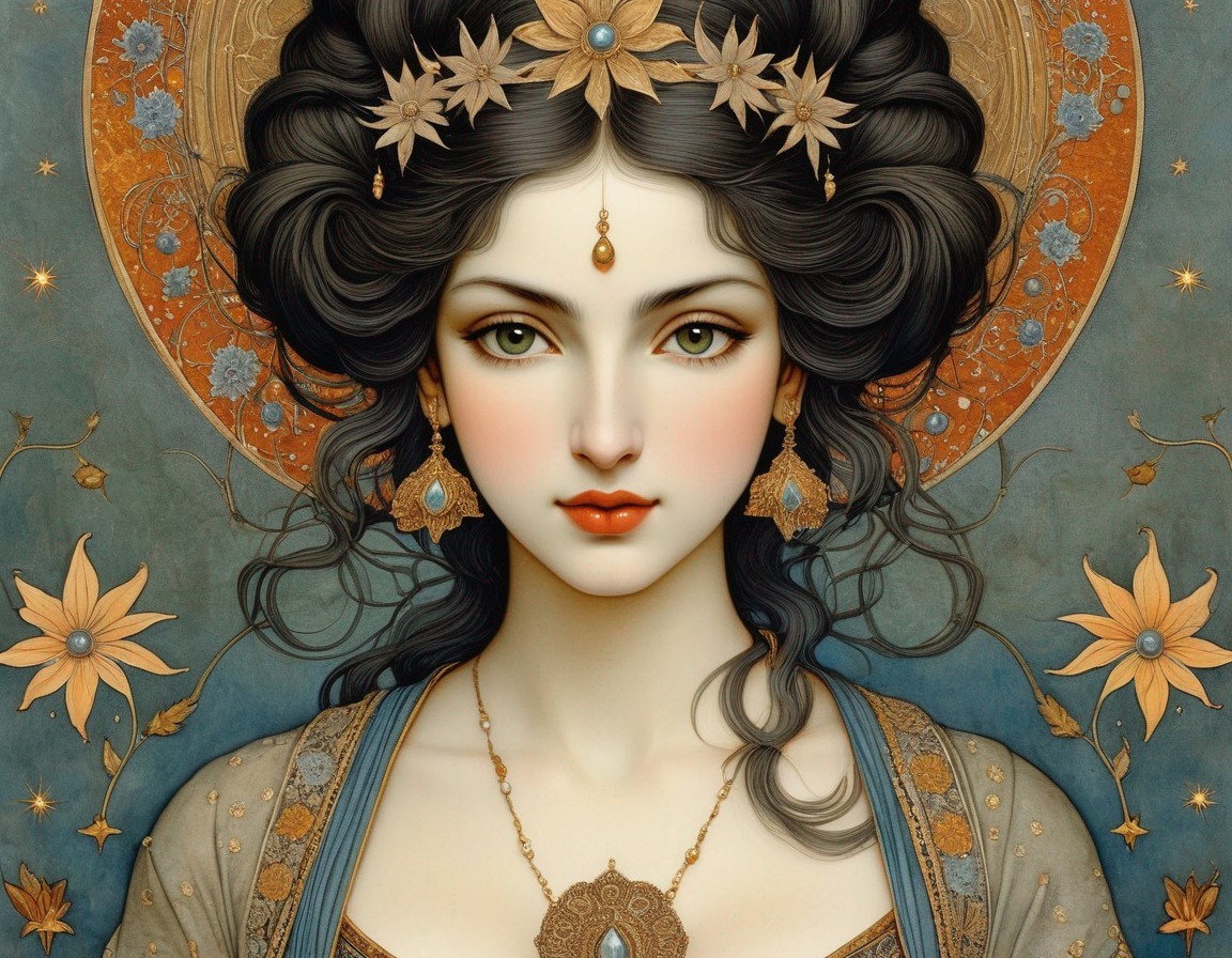 Serene woman with floral patterns and ornate halo