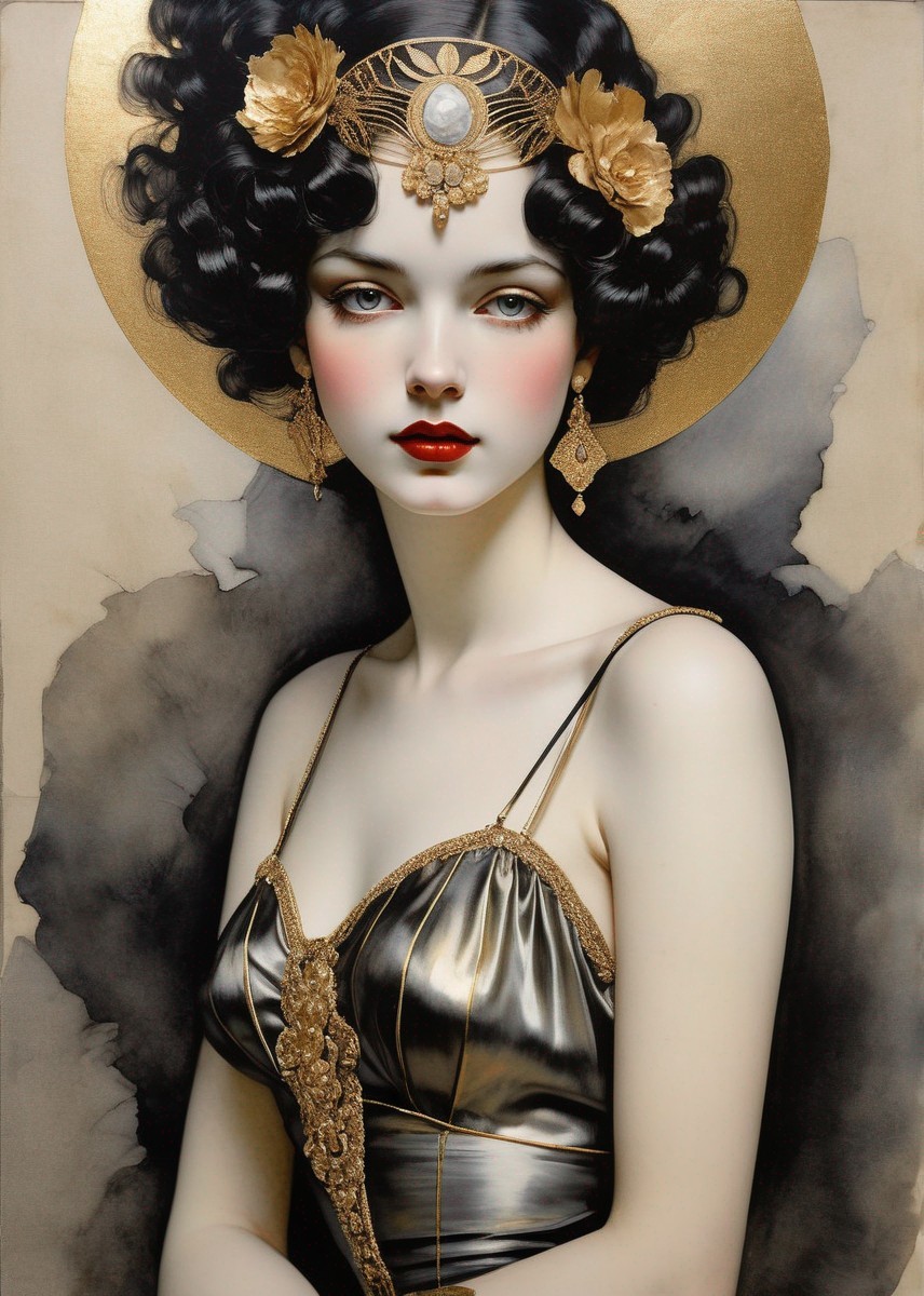 Art Deco Woman with Porcelain Skin and Golden Halo