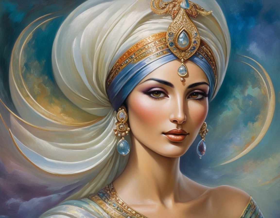 Elegant woman in elaborate headdress with jewels