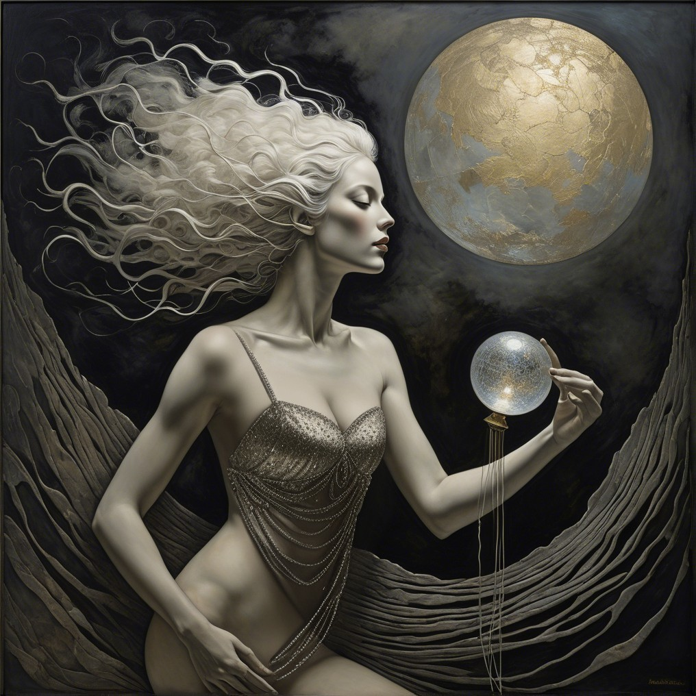 Ethereal Woman with Crystal Orb and Golden Moon
