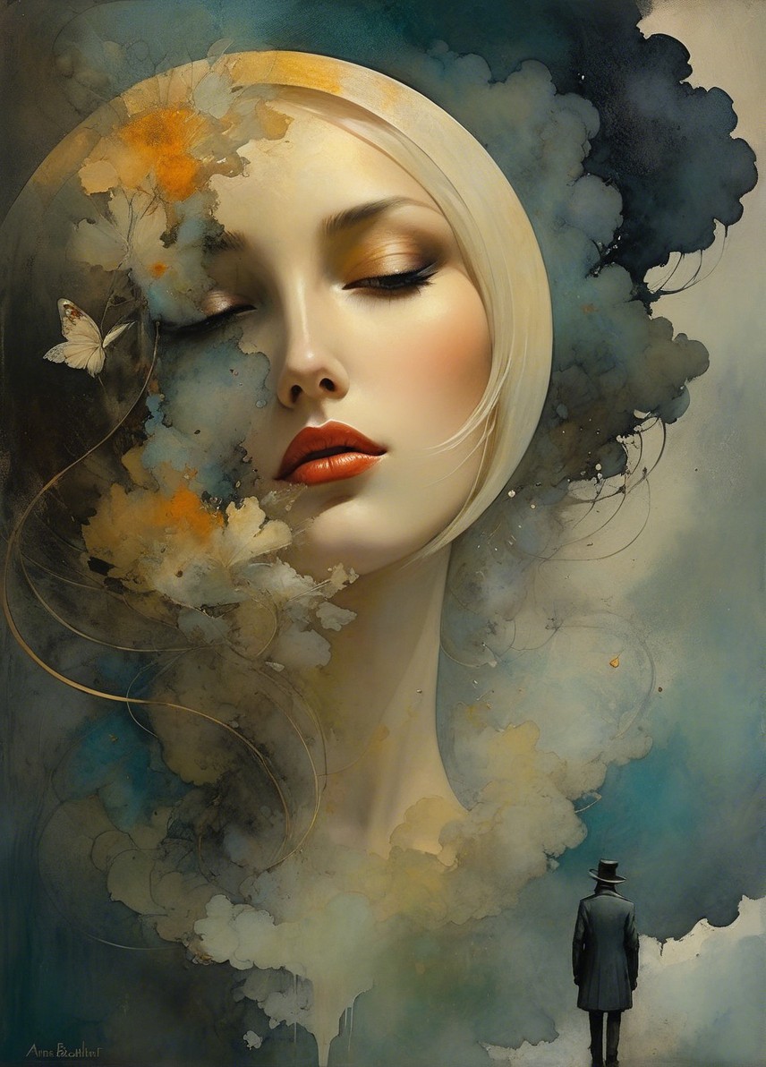 Serene Female Face Surrounded by Colorful Elements