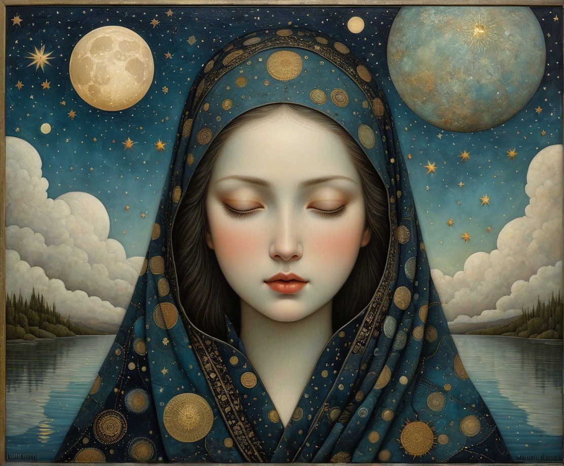 Serene Woman in Blue Shawl Under Starry Night Sky