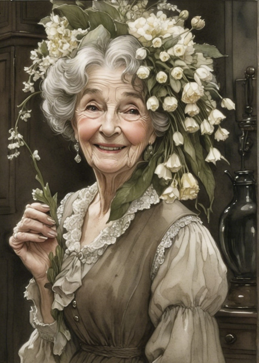 Elderly Woman in Floral Headpiece in Rustic Setting