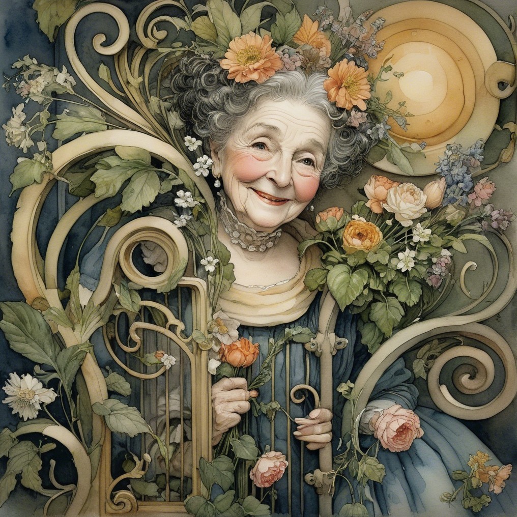 Elderly Woman with Lyre in Floral Motif Setting