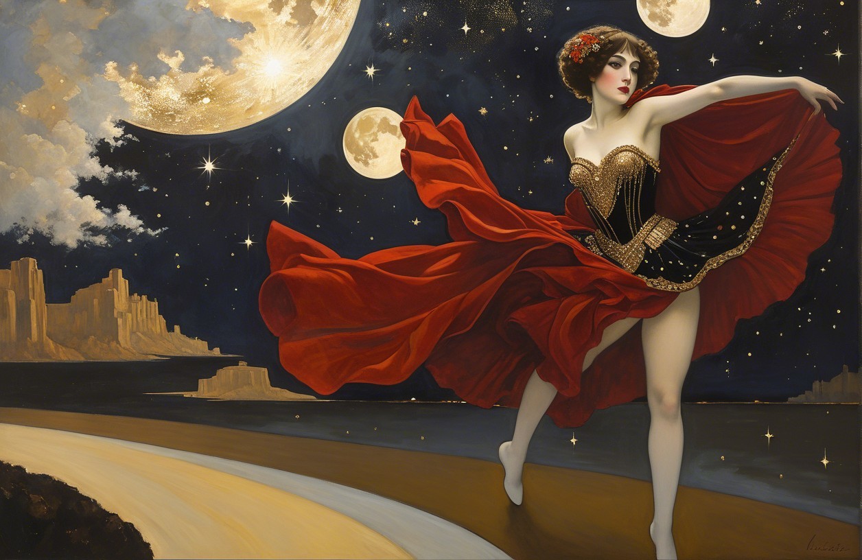 Dancer in Red Dress Against Cosmic Background