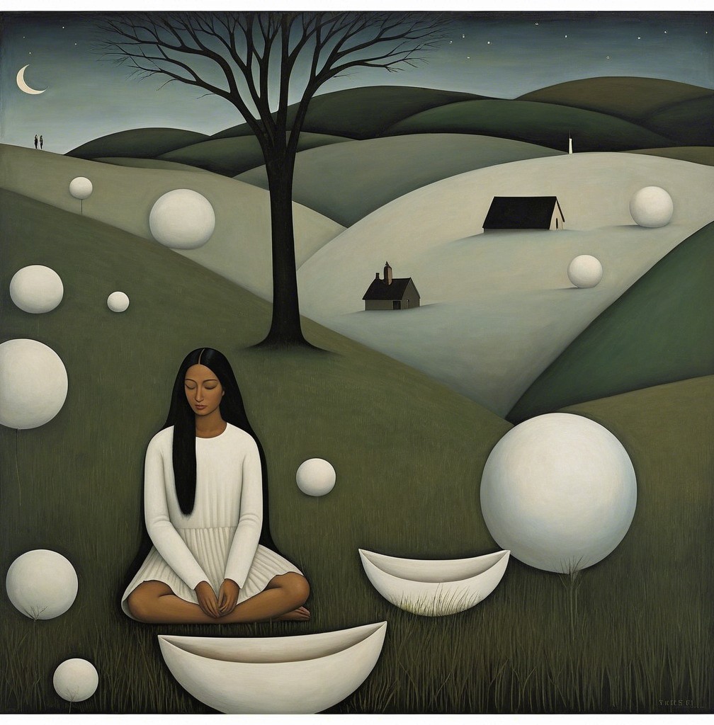 Serene Landscape with Woman Meditating at Twilight