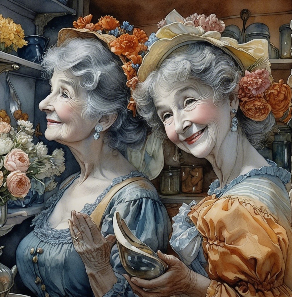Elderly Women in Vintage Kitchen with Flowers and Joy