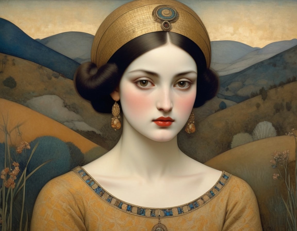 Elegant Woman with Golden Headpiece in Serene Landscape