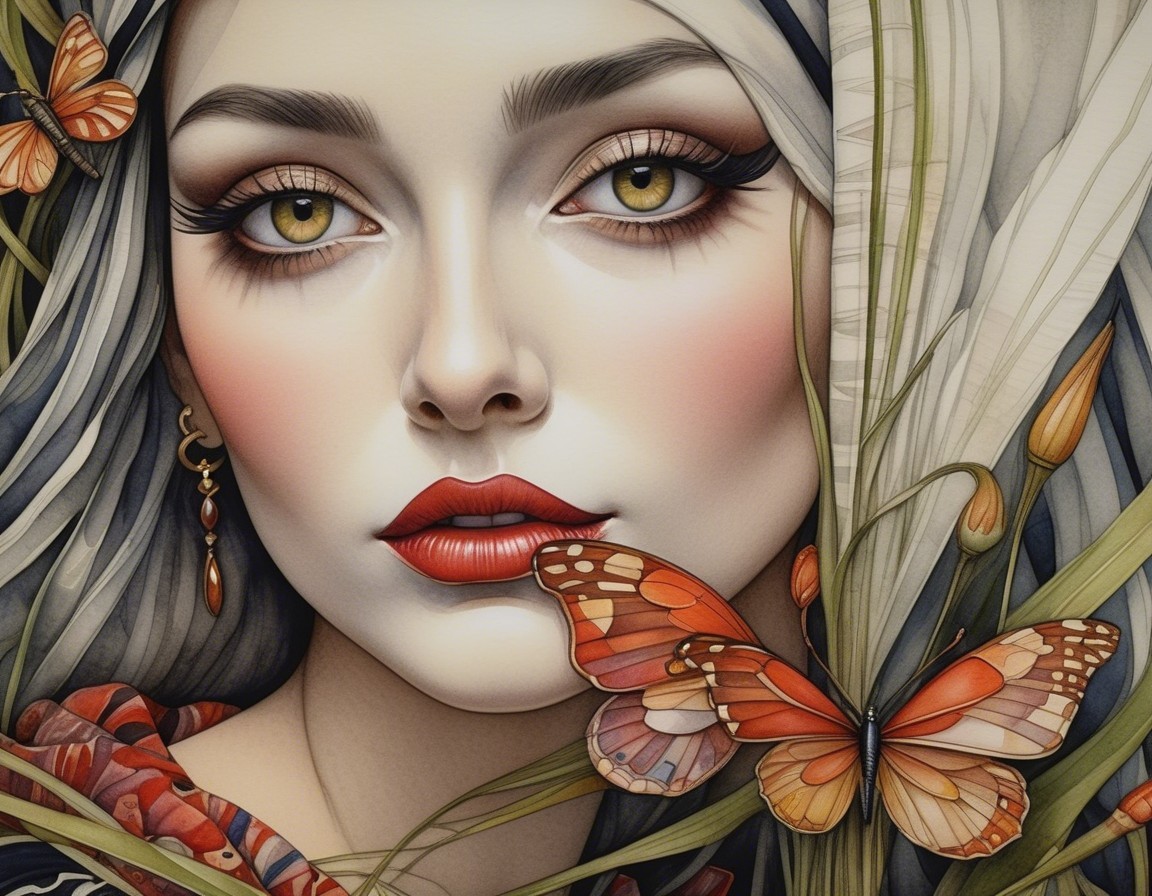 Close-up of a woman with green eyes and butterflies