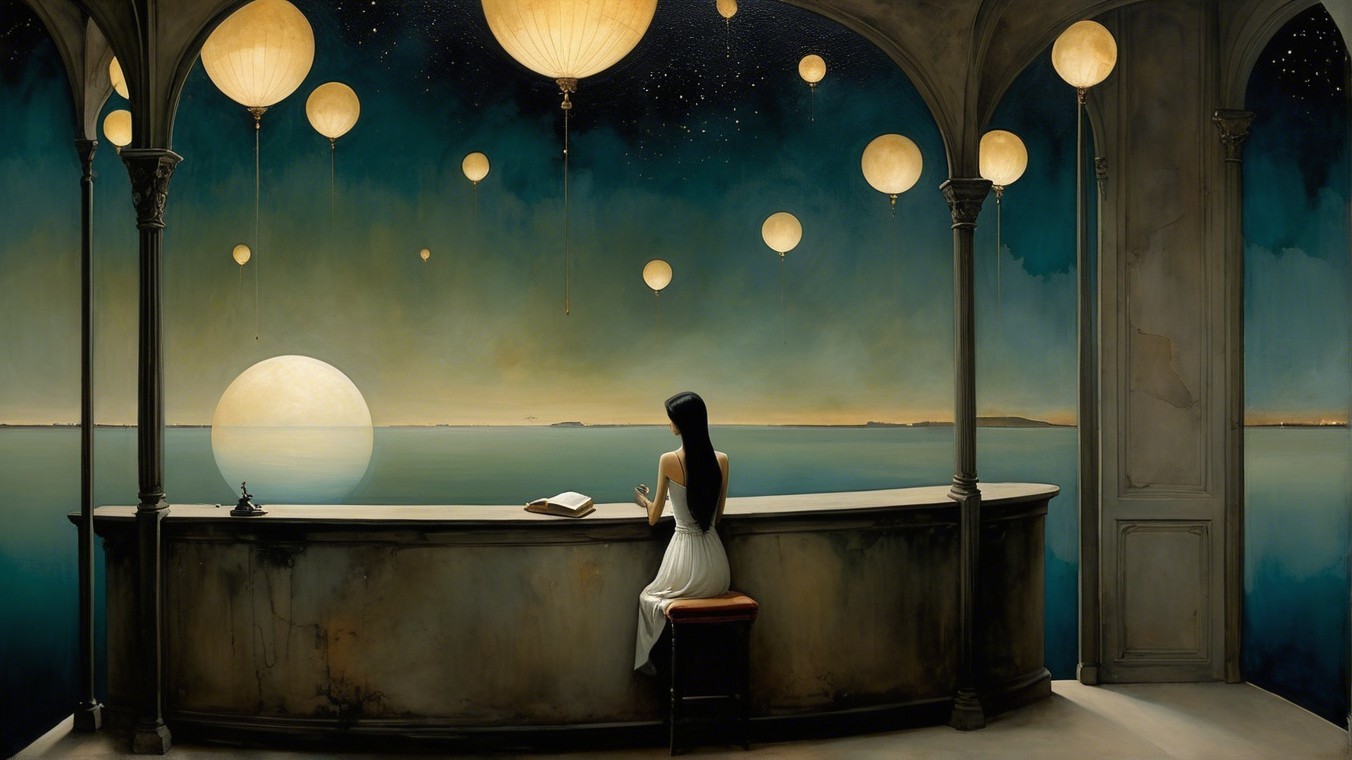 Woman in White Dress by Tranquil Sea at Night