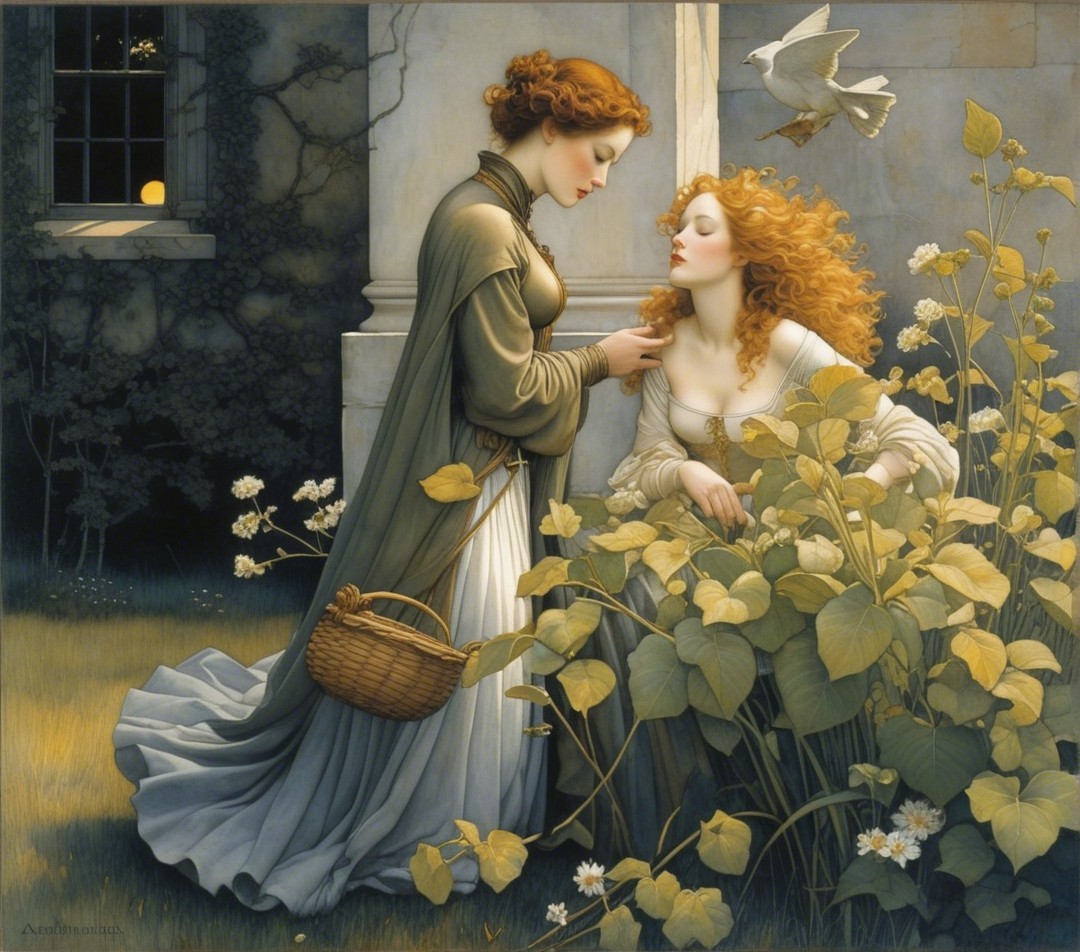 Women Sharing a Delicate Flower in a Garden Setting