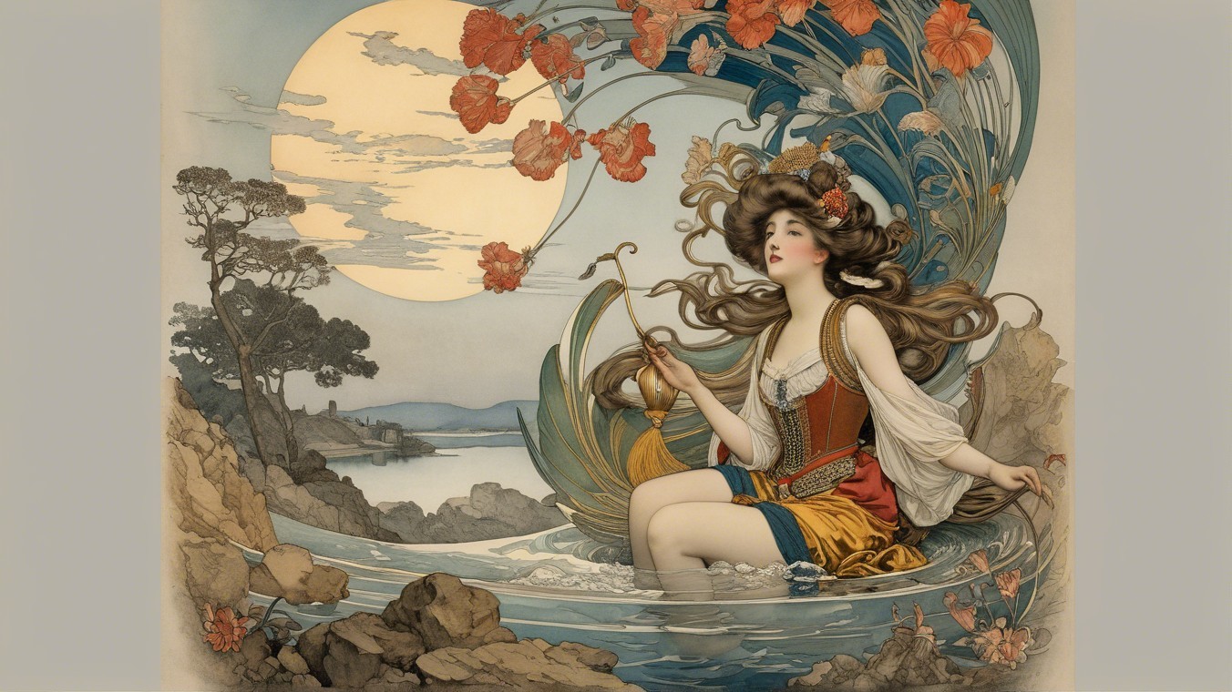 Woman in flowing dress by serene water with moon