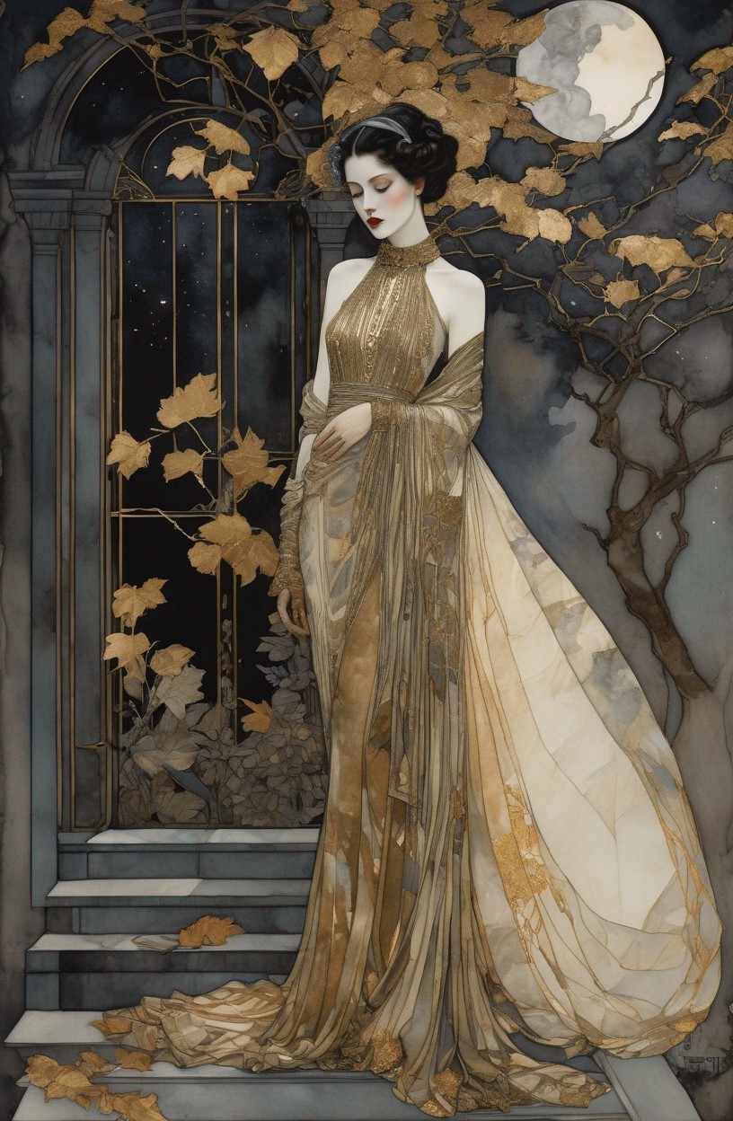 Ethereal Woman in Golden Gown by Moonlit Archway