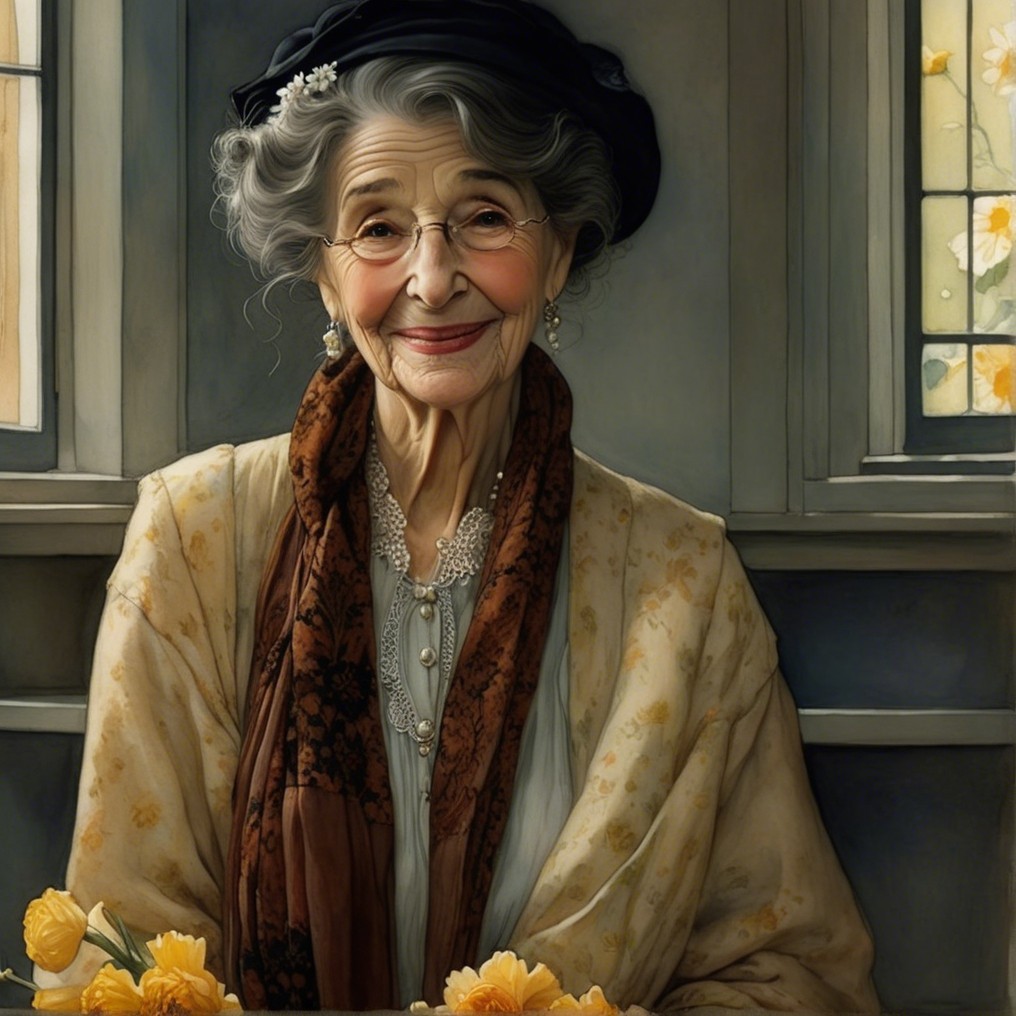 Elderly woman with flowers by a sunlit window