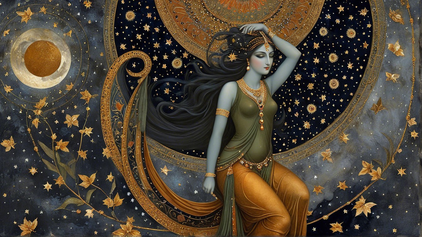 Celestial Figure in Gold and Blue Against Starry Sky