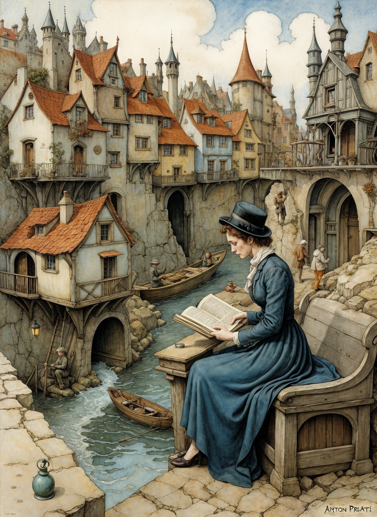 Fantasy Village with Stone Buildings and Canal Scene