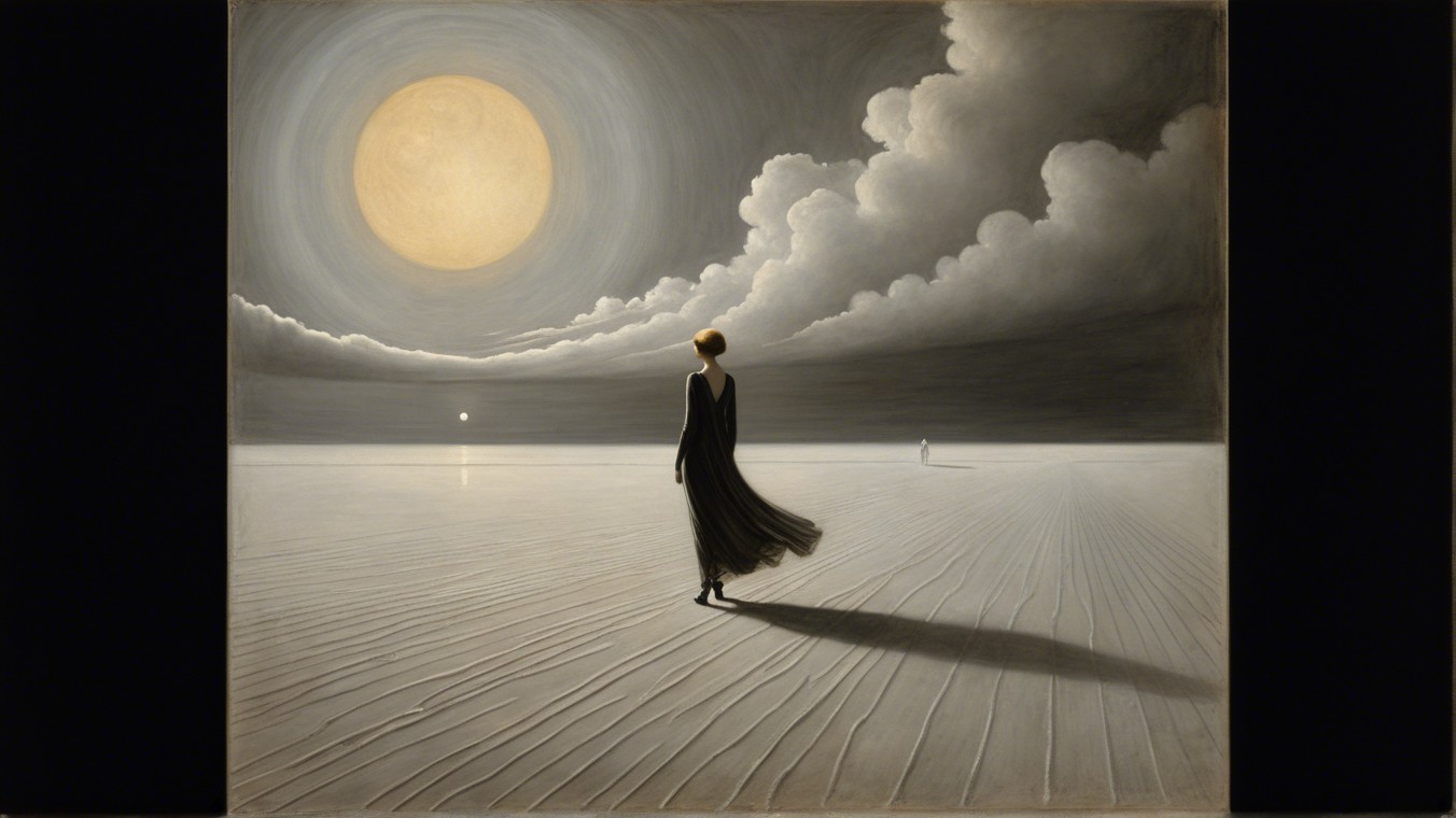Solitary Figure in Black Dress on Textured Plain