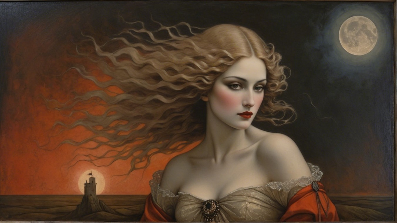 Woman in Red Dress Against Twilight Sky and Castle
