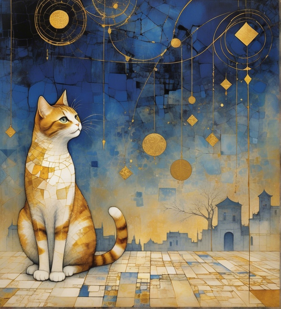 Stylized Cat Against Vibrant Blue Geometric Background