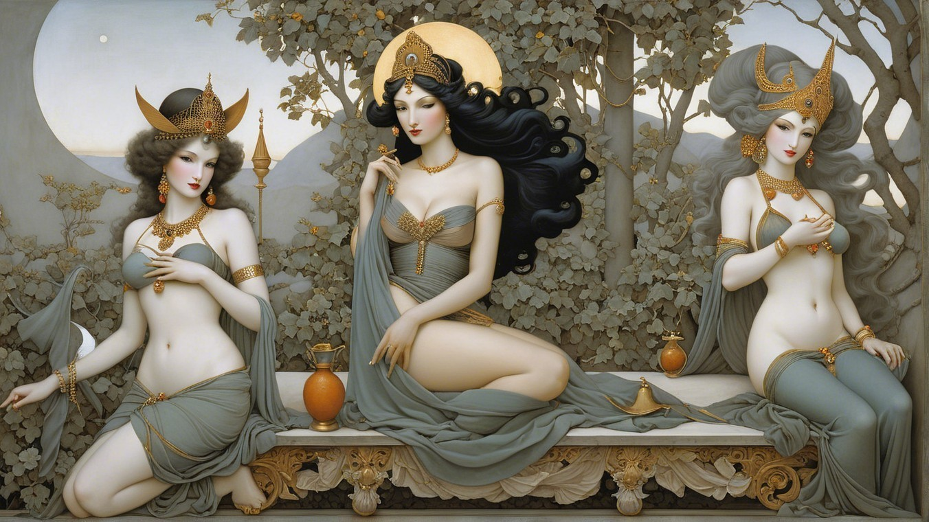 Ethereal Women in Serene Moonlit Nature Setting