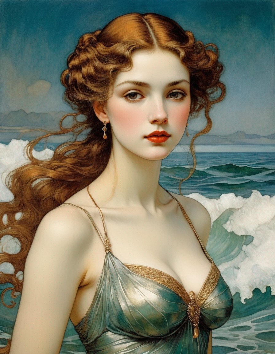 Young woman with auburn hair in sea-green dress by ocean waves