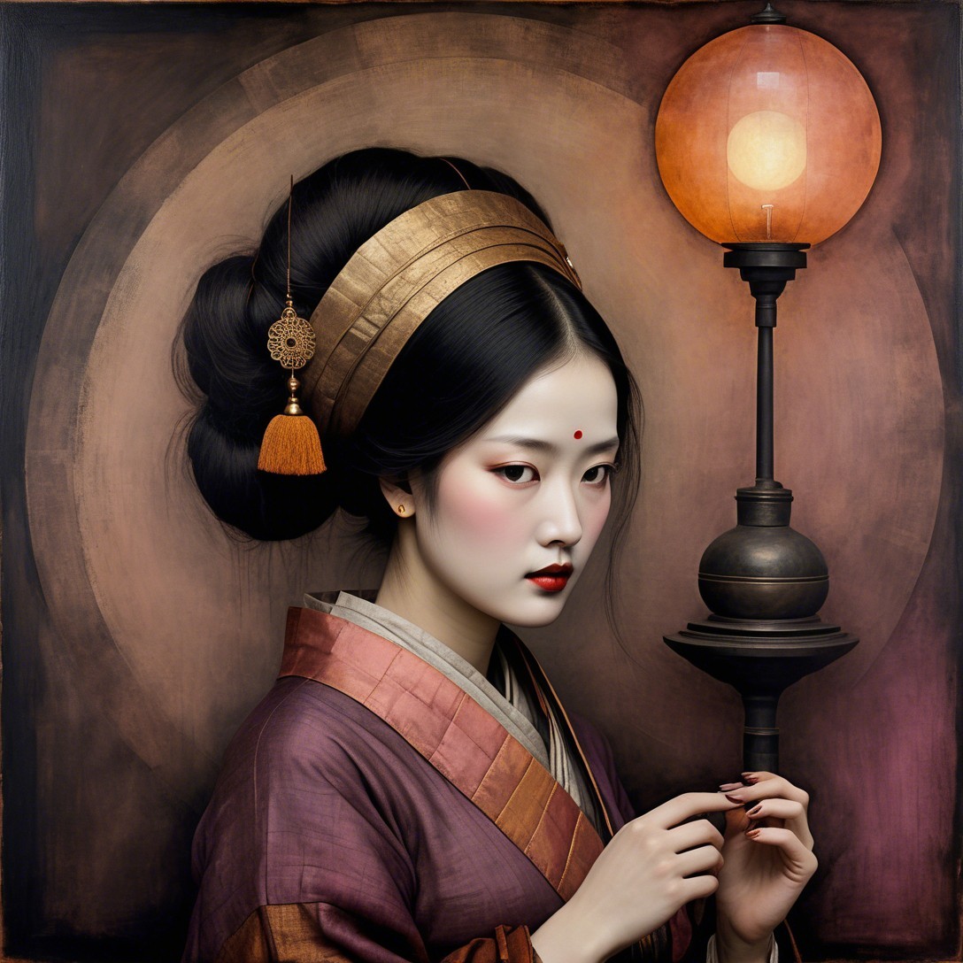 Chinese Woman in Purple Kimono with Lantern and Jewelry