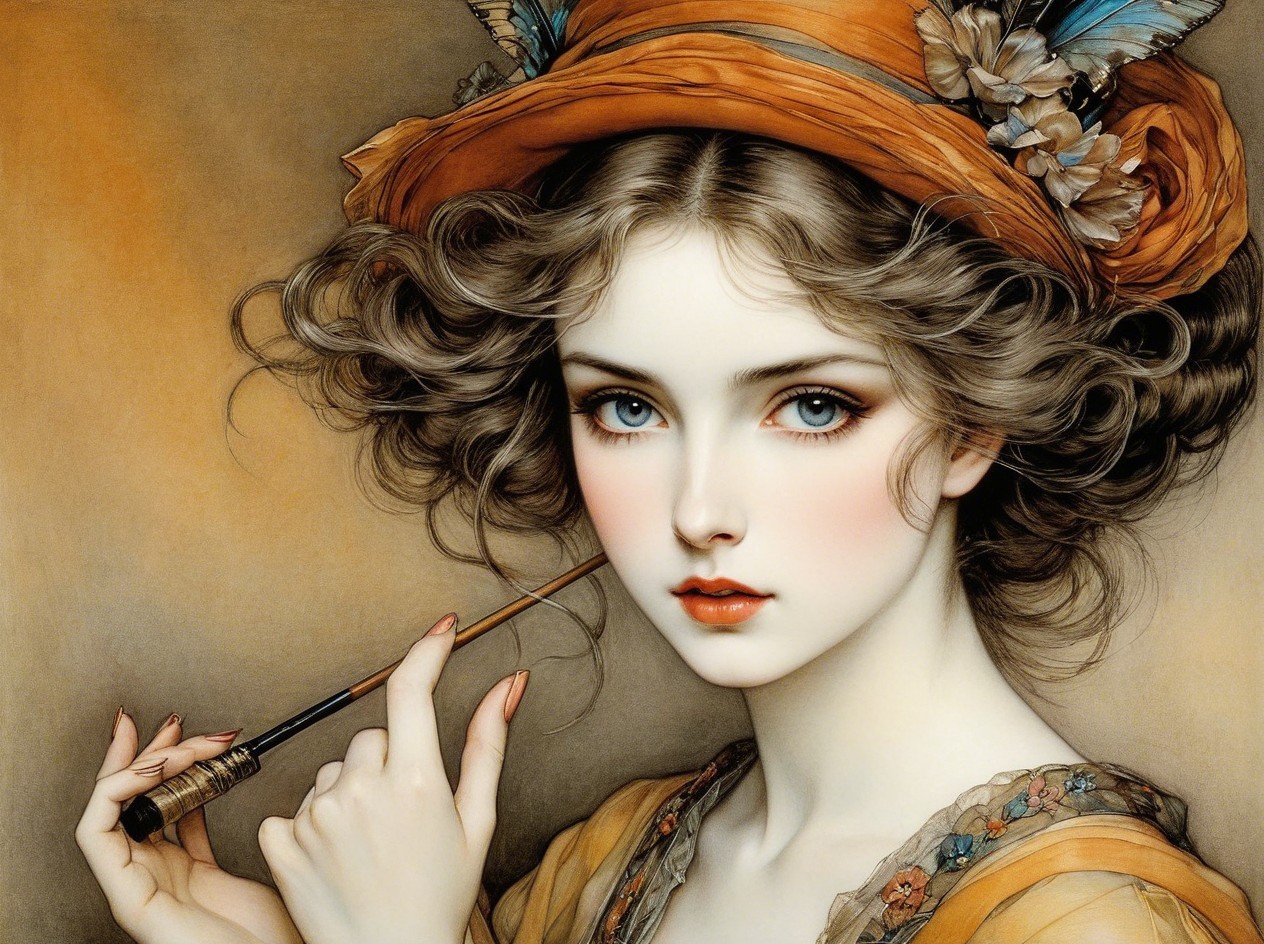 Close-up of a young woman in an orange hat and dress