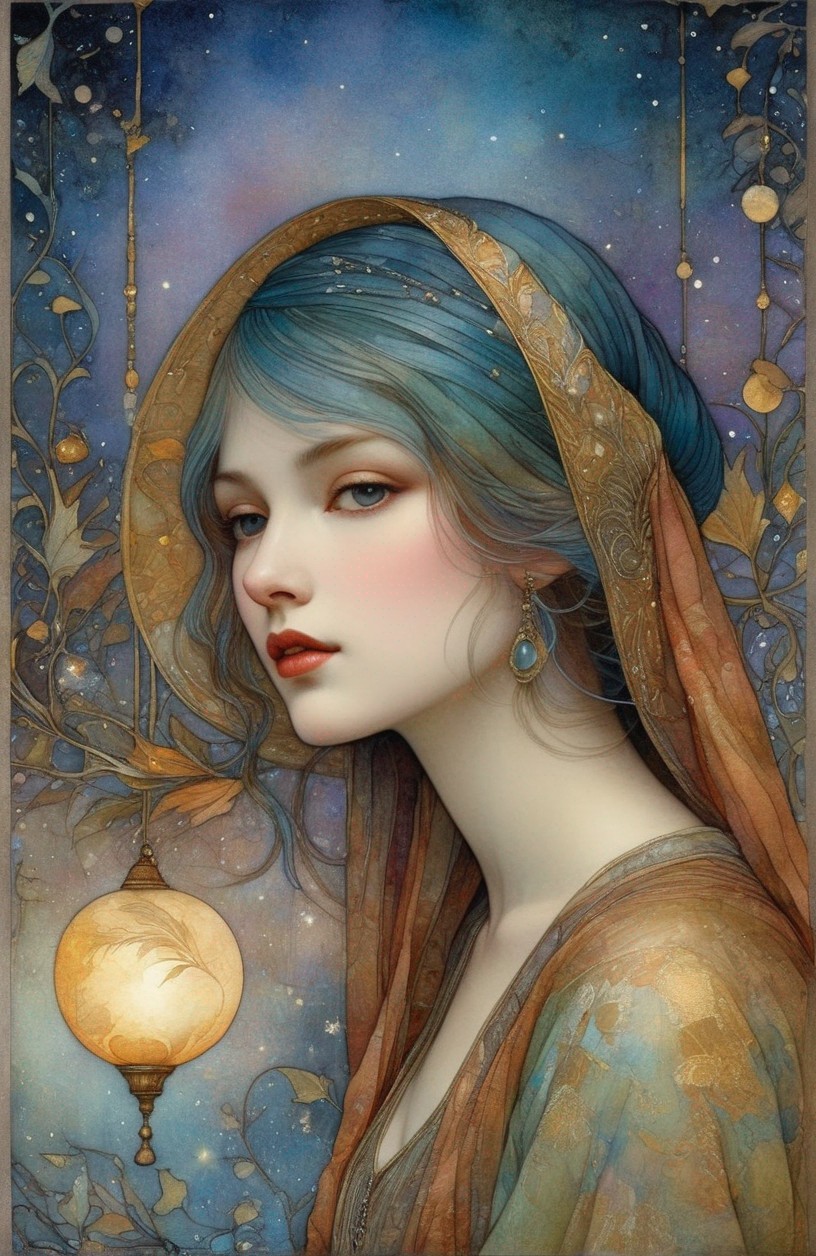 Illustrated portrait of woman with blue hair in gold attire holding lamp, with starry and floral motifs