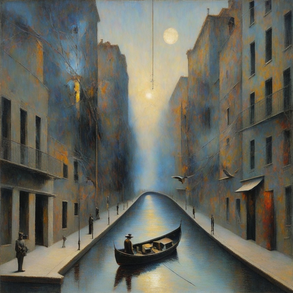 Tranquil Canal Scene with Gondola and Moonlit Sky