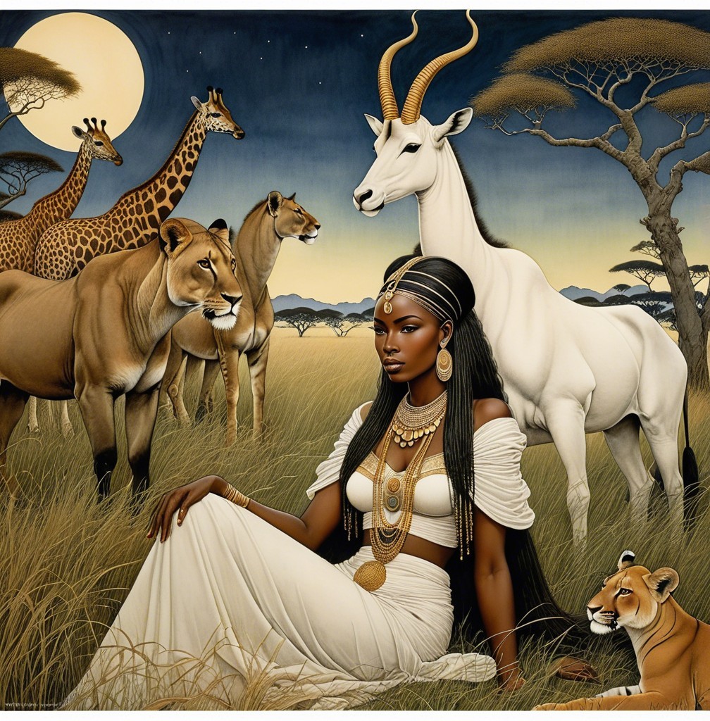 Regal Woman in White Dress Among African Wildlife