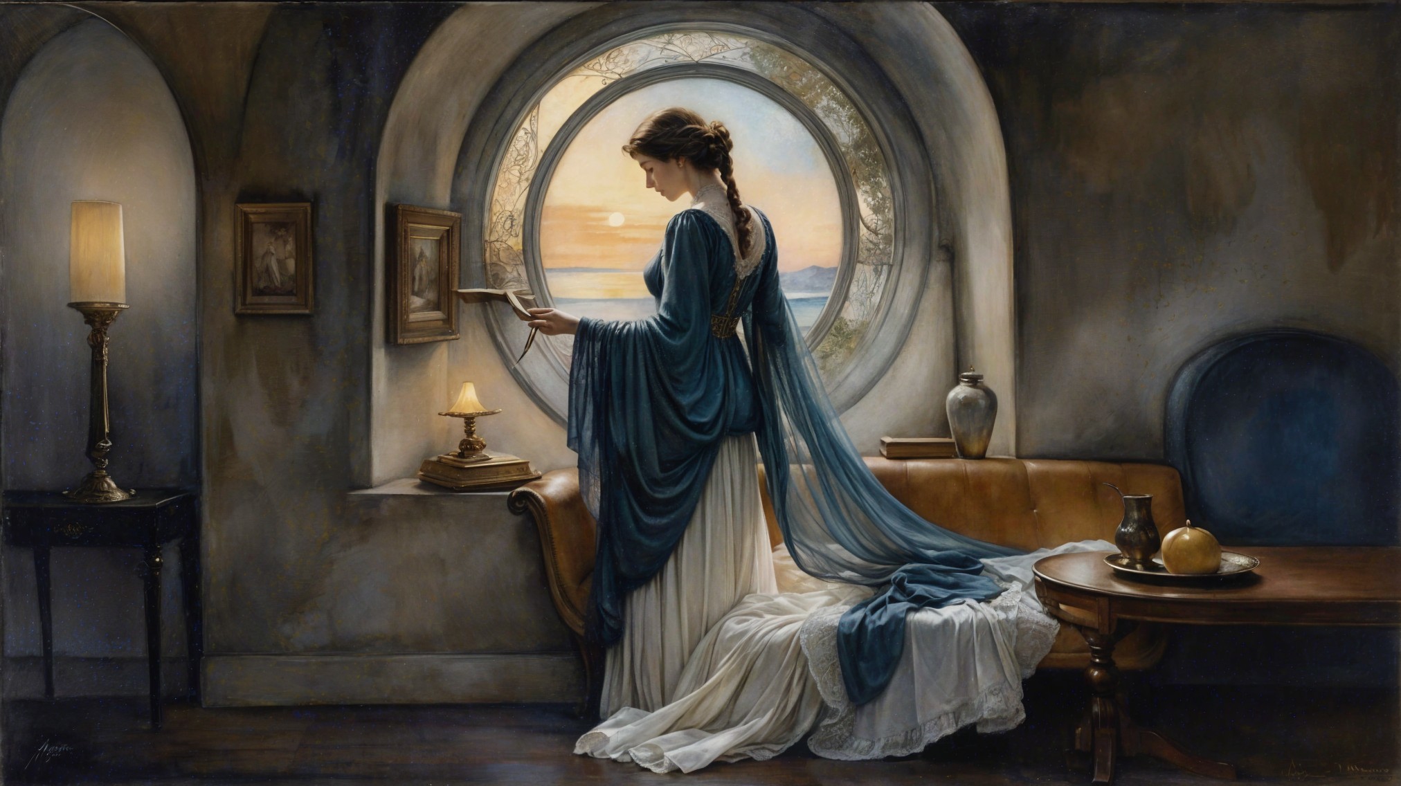 Serene Woman by Round Window with Sunset View
