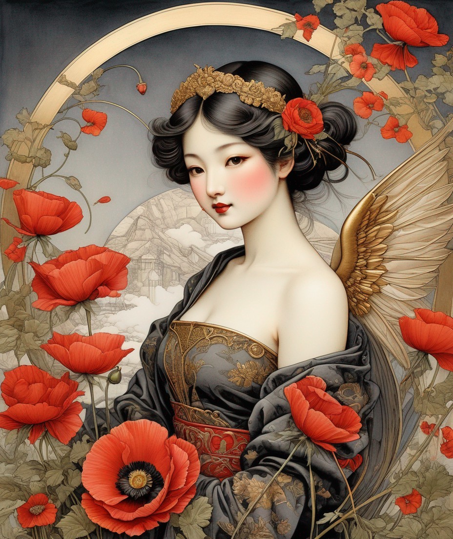 Ethereal Woman with Wings Surrounded by Poppies