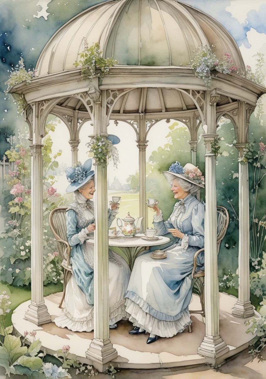 Elegant Women Enjoy Afternoon Tea in Garden Gazebo