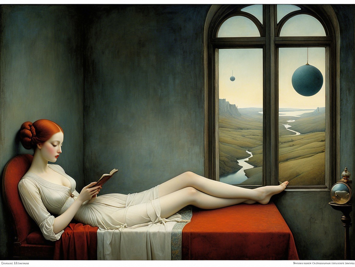 Serene Woman Reading on Red Daybed in Dreamlike Room