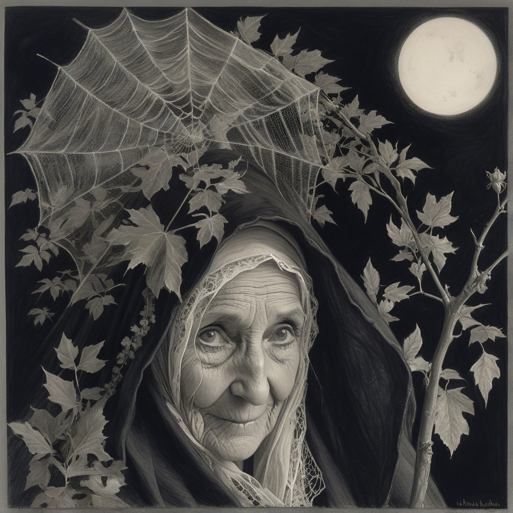 Elderly Woman in Dark Hood with Moonlit Background