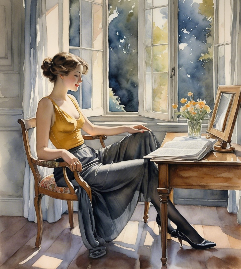 Serene Interior Scene with Woman at Wooden Table
