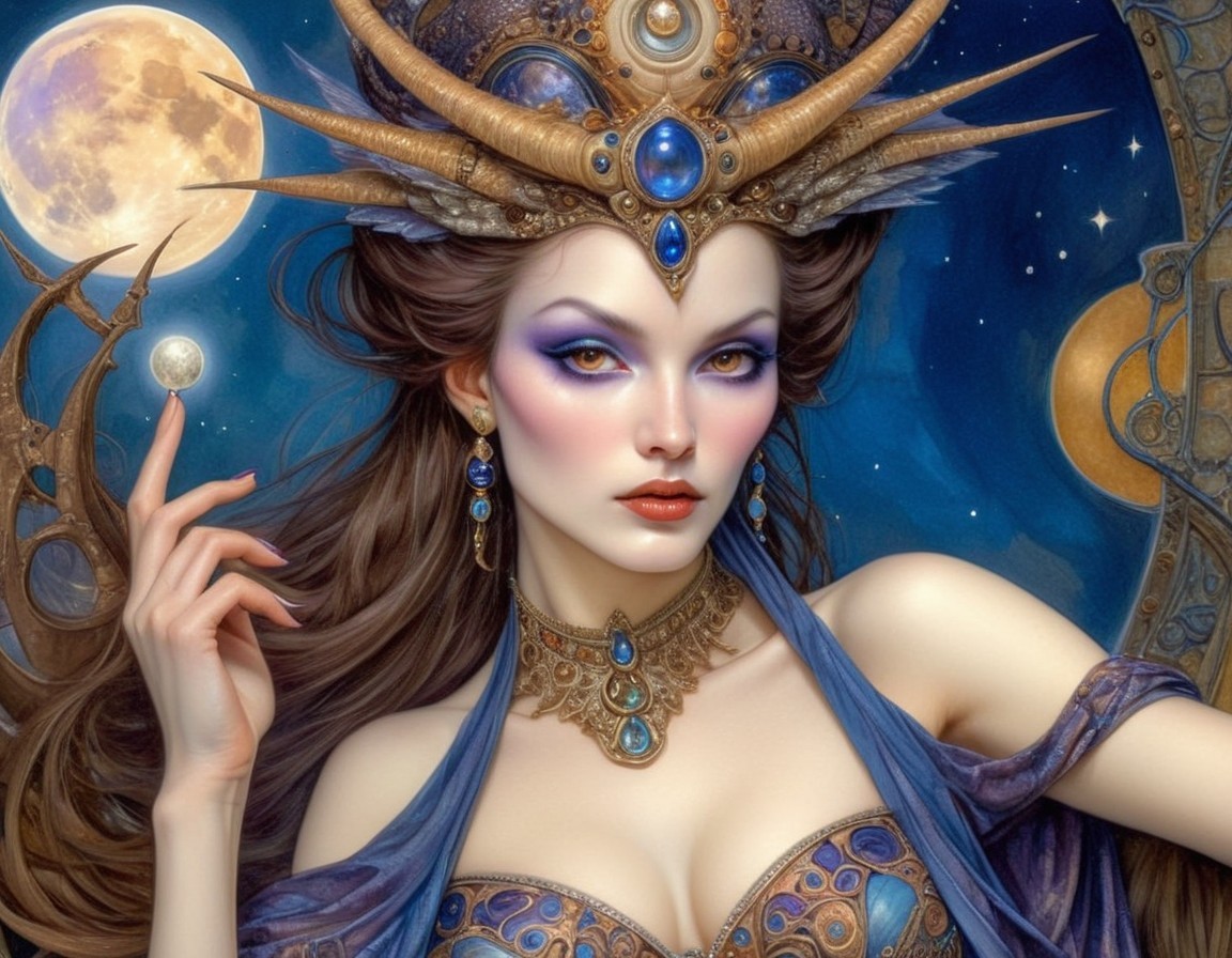 Fantasy Woman with Ornate Headdress and Violet Eyes