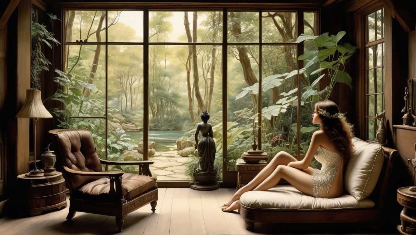 Indoor Scene with Woman in Lace Outfit and Nature View