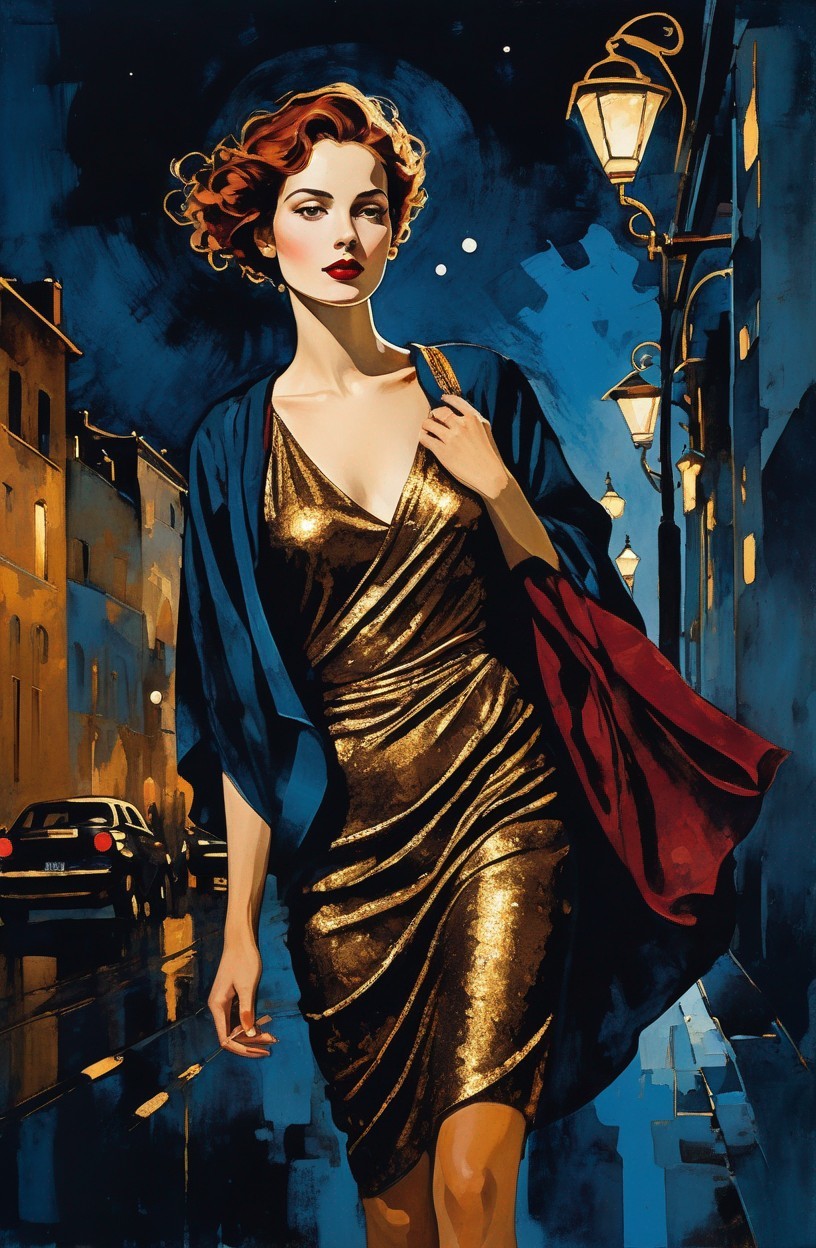 Stylized illustration of woman in golden dress walking in night cityscape