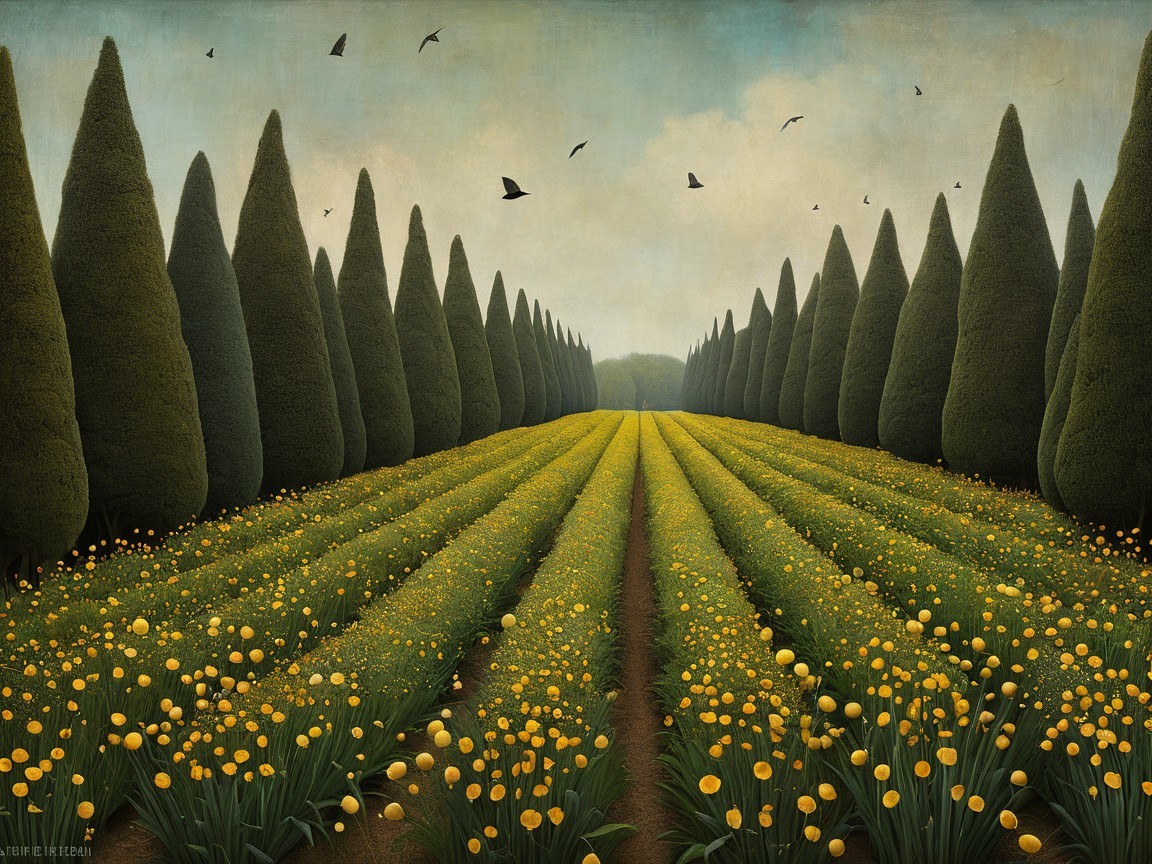 Vibrant Landscape of Yellow Flowers and Evergreen Trees