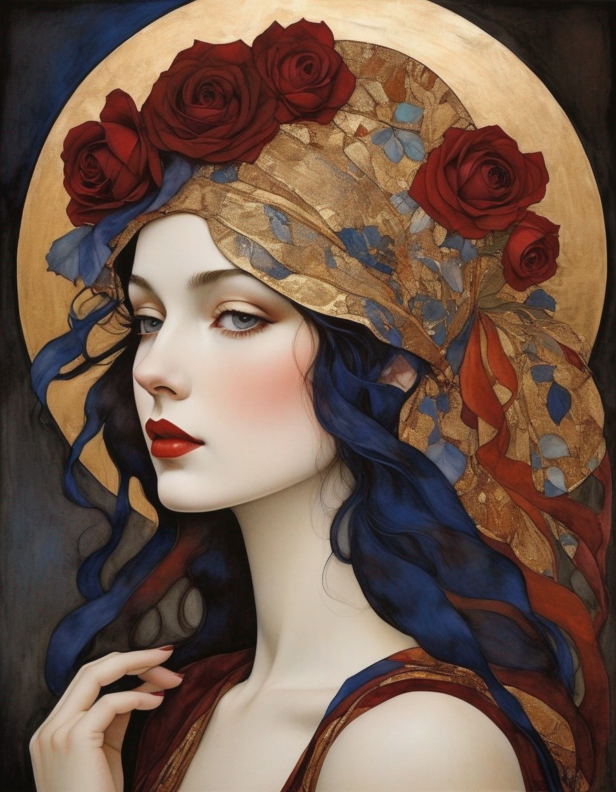Serene Woman with Blue Hair and Floral Headdress