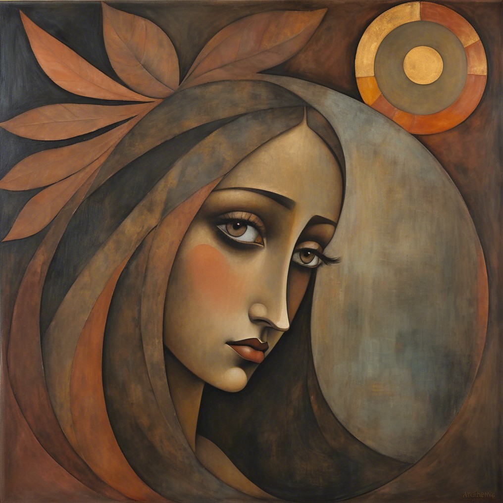 Stylized female figure with earthy background and motifs