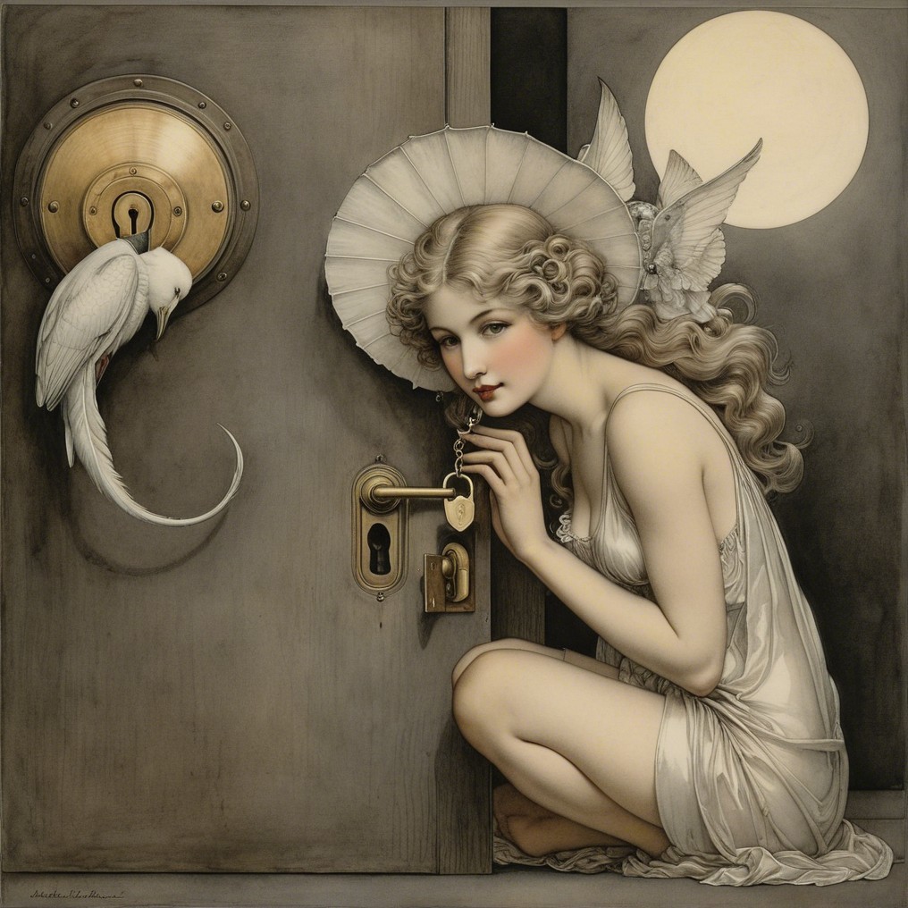 Young woman peering through a keyhole at night