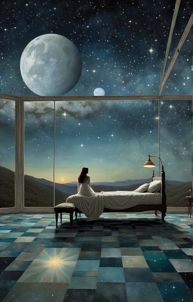 Woman gazing at cosmic landscape from a bedroom window
