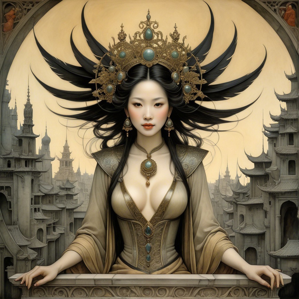 Regal figure in gown with crown and mystical cityscape