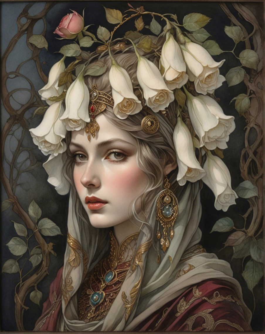 Woman in Floral Headpiece with Intricate Jewelry