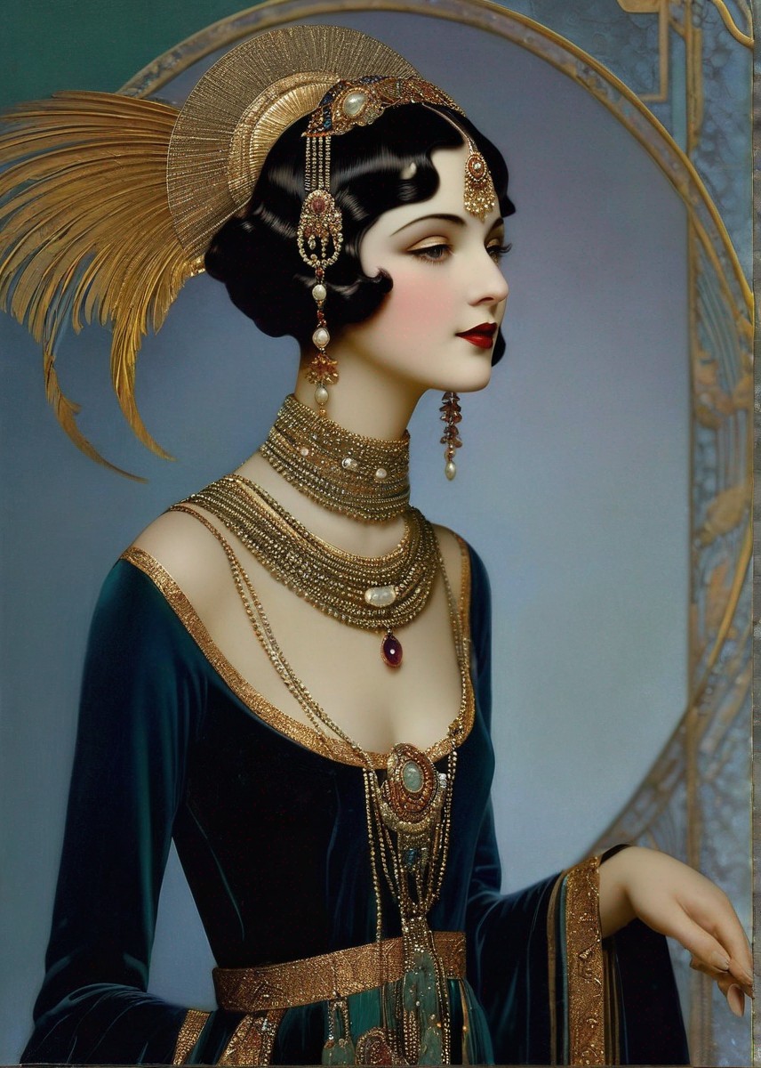 Elegant Woman in Vintage Attire with Feathered Headdress